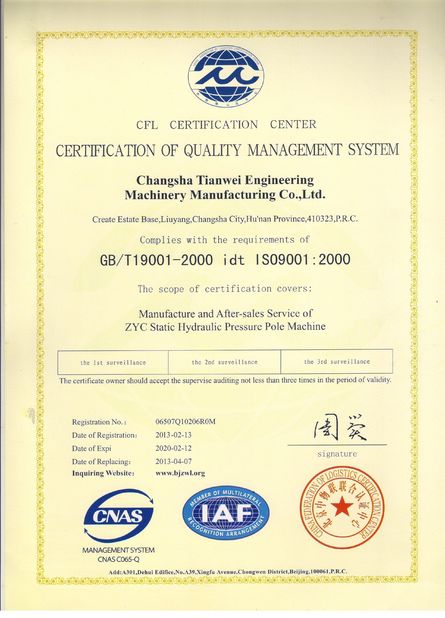 Κίνα Changsha Tianwei Engineering Machinery Manufacturing Co., Ltd. Πιστοποιήσεις